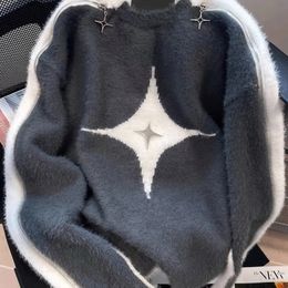 Women s Sweaters Retro Color Contrast Zipper Star Sweater Women O Neck Long Sleeve Loose Casual Pullover Knitted Tops Chic Harajuku Y2K Jumper 231215