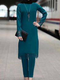 Ethnic Clothing Long Sleeve Tops And Matching Set For Women Hollow Out Turkish Abayas Kaftan Ramadan Islam Fashion Drop