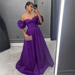 2024 New Design Purple Evening Dress Celebrity Style Off The Shoulder Puff Sleeves Satin A-line Women Prom Formal Party Gowns Robe De Soiree vestidos de fiesta