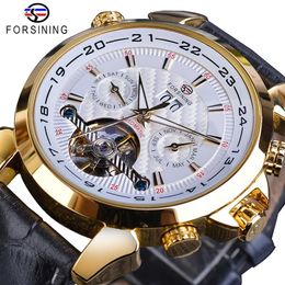 Forsining Automatic Mechanical Men's Watch Fashion Golden Tourbillon Moonphase Date Genuine Leather Business Sports Montre Ho2355