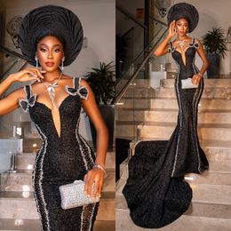 2024 Lastest Aso Ebi Prom Dresses Mermaid Long Train Spaghetti Straps Sequined Lace Evening Dress for Special Occasions Birthday Party Second Reception Gowns AM196