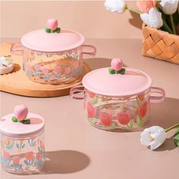 Creative Pink Flower Instant Noodles Glass Pot Can Be Heated Soup Double Ears Salad Bowl Covered With A Large Capacity 240103