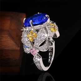 Choucong New Sparkling Luxury Jewelry 925 Sterling Silver Multi Color Blue Sapphire CZ Diamond Gemstones Flower Women Wedding Band220E