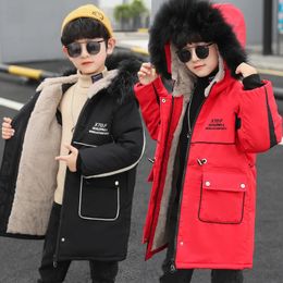 Jackets 3 14 Years Very Keep Warm Winter Boys Jacket 2023 Teenager Mid Length Plus Velvet Thick Fur collarHooded Cotton Coat For Kids 231216