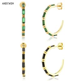 ANDYWEN 925 Sterling Silver Gold 19mm Big Hoops Square Zircon Green Black Piercing Earring Rock Punk Large Jewelry 210608320H