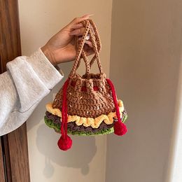 Children knitted Hamburger purse girls pompons drawstring single shoulder bag kids patchwork Colour crochet messenger wallet Z6077