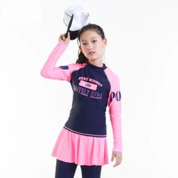 Jeans Teenager Girl Rashguard Swimsuit Long Sleeve Padded Shirt Pants with Skirt Chindren Kids Beach Wear 1016y