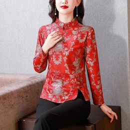 Women's Blouses Chinese Style Retro Stand Collar Frog Modified Cheongsam Jacquard Top Women Autumn Elegant Red Long-sleeved Slim Year