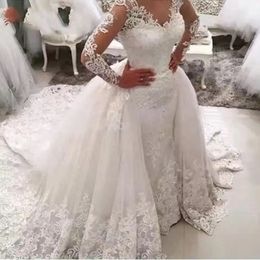 luxury White 2 in 1 Detachable Mermaid Wedding Dresses 2024 Lace Appliques Saudi Arabia Long Sleeves Bride Gown Vestido De Noiva