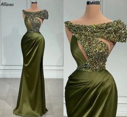 Olive Green Shiny Sequined Evening Dresses Off Shoulder Long Mermaid Formal Gowns Women Elegant Satin Ruched Second Reception Party Prom Dress Vestidos CL3075