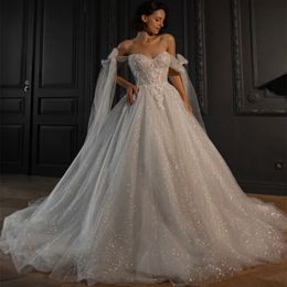 Stunningbride 2024 Romantic Shiny Strapless Lace Up Beading A-Line Wedding Dresses Glamorous Appliques With Cape Chapel Train Princess Bridal Gown