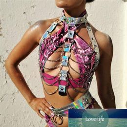 Fashion Holographic Two Piece Set Body Harness Sexy Metal Chains Top Waist Bondage Belt Party Night Club Rave Festival Outfits Fac293R