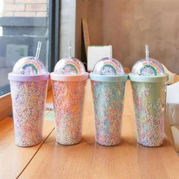 Mugs 550ml Creative Straw Cup Double Layer Rainbow Star Plastic Water Reusable Bottle Large Capacity Drink Mug Tumbler Gift208M
