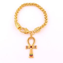 Vintage Egyptian Ankh Cross Symbol Of Life Pendant Bracelet Gold Colour Charm Crystal Enamel Ornament Wheat Link Chain252R