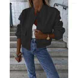 Women's Jackets Pockets Solid Colour Jacket Stand Collar Trend Baseball Uniform Women Long Sleeve Autumn Coat Mouth Outwear