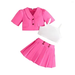 Clothing Sets 3-8years Set For Kid Girl Short Sleeve Blazer Jacket Vest Pleated Skirt Toddler Clothes Outfits Summer 2024