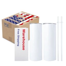 US CA Stock 20OZ Sublimation Mugs 20oz Straight Blanks White Stainless Steel Tumblers Water Bottle Camping Cup vacuum Insulated Drinking 1216
