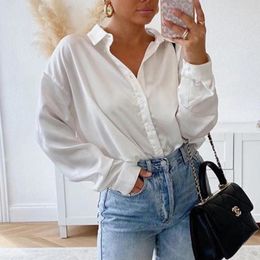 Women's Blouses 2023 Fashion Elegant Silk Shirt Woman Solid Button Up Satin Blouse Women Long Sleeve Tops Office Lady Casual White Shirts