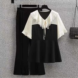 Women's Two Piece Pants Korean Elegant Women's Suit 2023 Summer Women Sets Chiffon Patchwork V Neck Blouse Trousers 2pc Casual Office