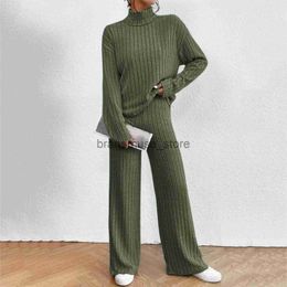 Women's Two Piece Pants Women's Two Piece Knit Matching Outfits High Neck Slit Hem Pullover Tee And Wide Leg Pants Solid Color Warm Tracksuit Sets J231216