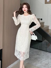 Casual Dresses France Autumn Office Ladies Embroidery Fashion Women O Neck Long Sleeve Mesh Patchwork A Line Belt Slim Midi