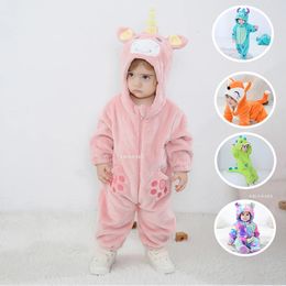 Rompers Kigurumis Unicorn Baby Girls Clothes Romper Lovely Infant Onesie Bodysuit Cartoon born Zipper Hooded Flannel Jumpsuits 231215