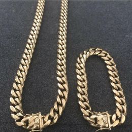 12mm Men Cuban Miami Link Bracelet & Chain Set 14k Gold Plated Stainless Steel279B