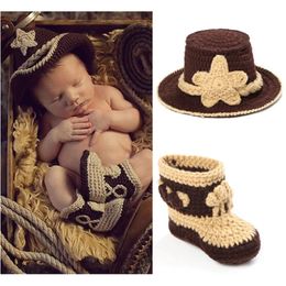 Caps Hats Crochet Baby Cowboy Hat and Boots Set in Brown born Boy P o Props Handmade Knitted Booties H034 231215