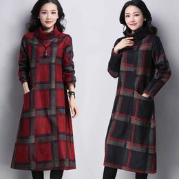 Dresses Winter Women Long Dress Vintage Turtleneck Long Sleeve Veet Plaid Dress 2022 New Loose Woolen Aline Dress Cjh001