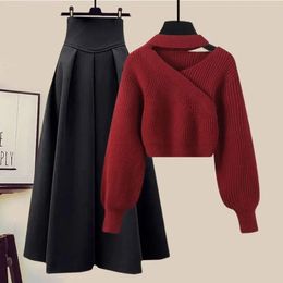Two Piece Dress Winter knitted womens clothing set Korean casual red floral sweater and high waisted Aline skill twopiece 231216