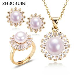 Sets Zhboruini Zircon Diamond Pearl Jewelry Sets Sier and Gold Real Natural Freshwater Pearl Necklace Earrings for Women