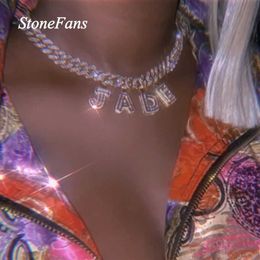 Stonefans 12mm Custom Name Necklace Small Baguette Letter Cuban Link Chain Hip Hop Zircon Iced Out Necklace Charm Women Men Q0809330P
