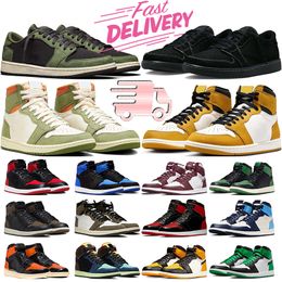 with box jumpman 1 basketball shoes 1s low mens trainers women sneakers Black Phantom Olive Celadon Yellow Ochre Satin Bred Taxi Bred Patent outdoor sports