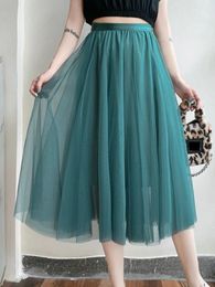 Dresses Ohryiyie Solid Color Tulle Skirt Women Summer Pleated Skirts Female 2022 Casual Big Hem High Waist Mesh Skirt Lady Party Clothes