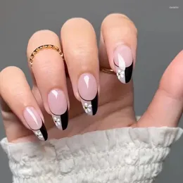 False Nails 24Pcs Fashion Wearable Nail Art White Flowers Black French Waterdrop Shape Detachable Fake Press On With Glue Set