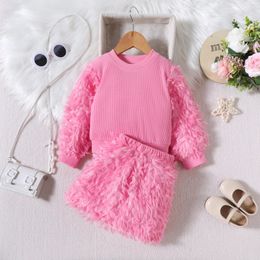 Clothing Sets Autumn Solid Kids Sport Suit Baby Girls Long Sleeve Ribbed T Shirt Tops Fuzzy Fleece Skirts 2pcs Outfits Clothes Set 231216