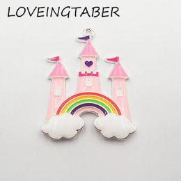 Necklaces Newest Design 50mm*42mm 10pcs /lot Silvery Princess Castle with Rainbow Enamel Pendant For Fashion Jewellery Making