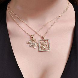 ALYXUY 2 pcs set Fashion Dragon Crystal Pendant Necklace Gold Colour Elegant Personality Jewellery Lucky Symbol Women Girls Gift207f