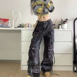 2023 New American Multi-pocket Overalls Female Y2K Fashion Trend High Street Retro Heavy Industry Loose Casual Wide-leg Jeans
