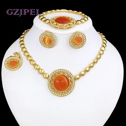 Wedding Jewellery Sets Fashion Set For Women Luxury Pink Nigeria African 18K Gold Plated Round Necklaces Earring Bracelet Ring Trendy 231216