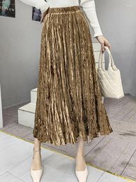 Skirts BabYoung Gold Veet Long Winter For Women Casual All-Match Pleated Womens Autumn Fashion High Waist A-Line Skirt