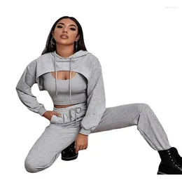 Women's Two Piece Pants Casual Sexy Women 3 Sets Vest Tops Pullover Hooded Pencil Pant Suits Spring Autumn Streetwear Solid Female Trackuits