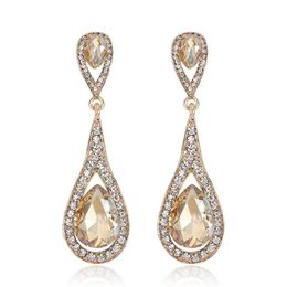 Luxury Designer Teardrop Champagne Crystal Drop Earrings For Women Gold Colour Dangle Charm Long Earings Bridal Wedding Jewelry2480