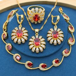 Sets Red Garnet Gold Jewellery Sets for Women Gift Bracelet Ring Earrings Necklace Pendant Purple Amethyst