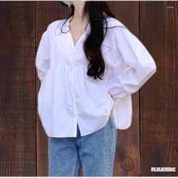 Women's Blouses 2023 Cotton Blends Korea Chic Tops Puff Sleeve Cute Sweet Casual Loose Single Breasted Button Women Blouse White Shirts