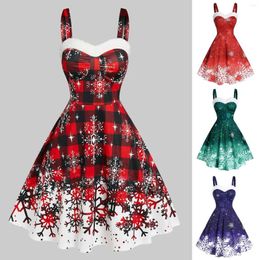 Casual Dresses Christmas Plaid Snowflake Print 5XL Laides Sexy Straps Empire Waist Sleeveless Xmas A-Line Dress Midi Vestidos