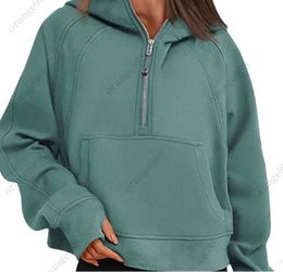 1lululemens-43 Autumn Winter Yoga Suit Scuba Hoodie Half Zip Womens Sports Sweater Loose Gym Jacket Fitness Short Plush Coat Sweatshir y