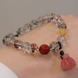 Bangle 8mm Natural Genuine Ghost Quartz Bracelet Round Beads Muticolor Quartz Red Agate Lotus Pendant Healing Stone Lucky Jewellery