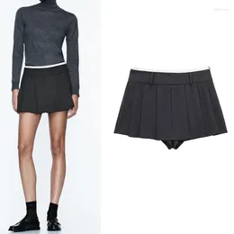 Skirts Double Layered Waist Wide Pleated Skirt Pants. Ladies Spring And Autumn Mini Short Skirt. Grey Classic Decorative