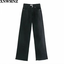 Jeans Xnwmnz Women Fashion Hirise Wideleg Full Length Jeans Vintage Faded Seamless Hems High Waist Zipper Button Denim Female